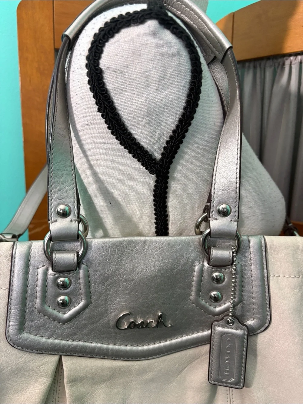 Coach Ivory Leather Tote with Silver Accents